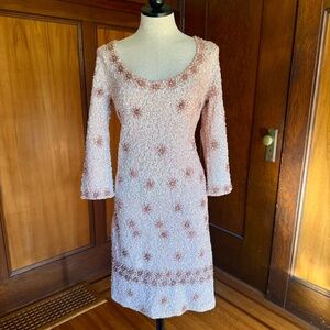 Vintage 50s 60s Wool Knit Sequin Beaded Wiggle Dress, Pink White Iridescent M/L